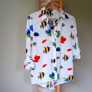 Ptp18" Tropical Fish Patterned Button Down Blouse/ Swim Cover-up
